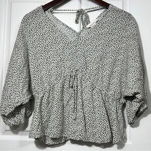 Urban Romantics Leopard Spotted Top Small Rayon Dolman 3/4 Sleeve Tie Back Boho